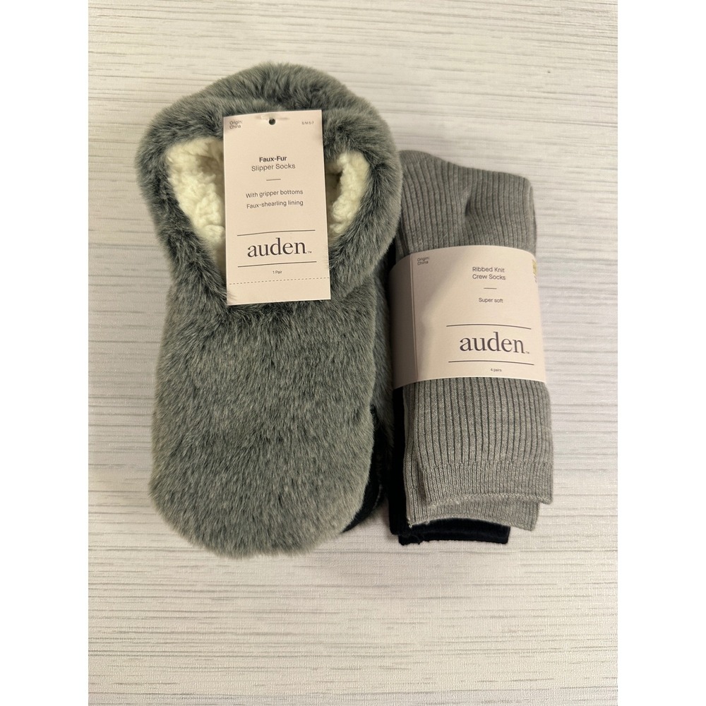 Auden Womens Faux Fur Slipper Socks and 4pk Ribbed Crew Socks Set Grey Black NWT